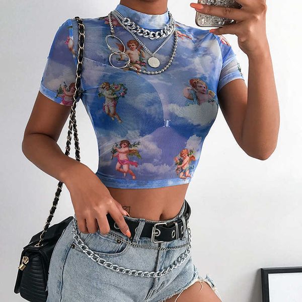 Angel Print MeshSexy T-shirt Crop Top High Neck Kurzarm Graphic Tees Frauen Streetwear Harajuku Shirts 210527