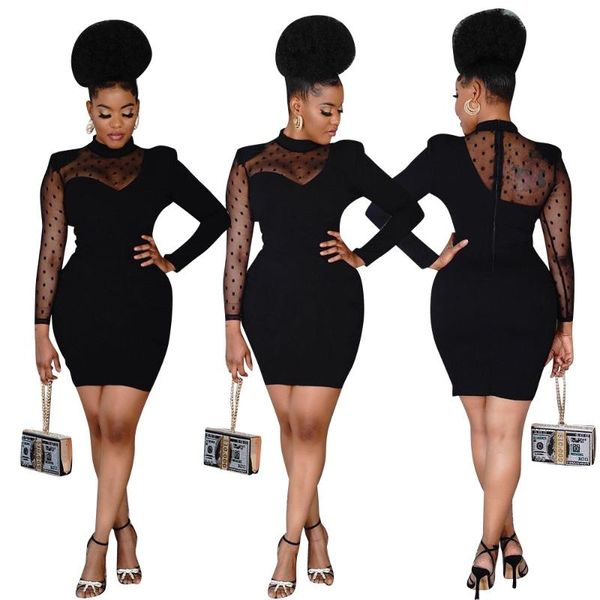 

casual dresses women's fashion pure color mesh stitching dress, Black;gray