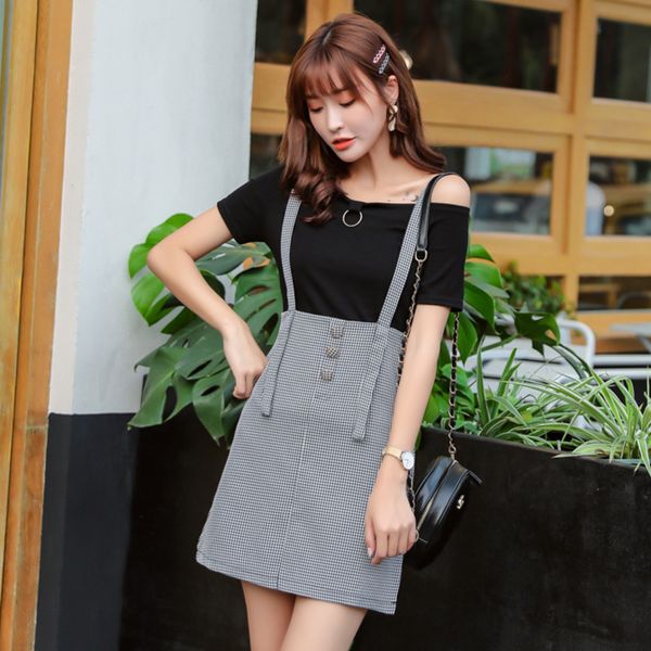 

summer women suit dresses casual solid t-shirt and collect waist slim strap plaid dress for females denim two-piece sets 210515, White