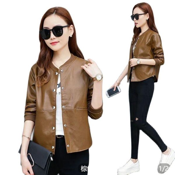 

women's leather & faux short coat motorcycle clothing 2021 spring and autumn casual all-match round collar jacket, Black