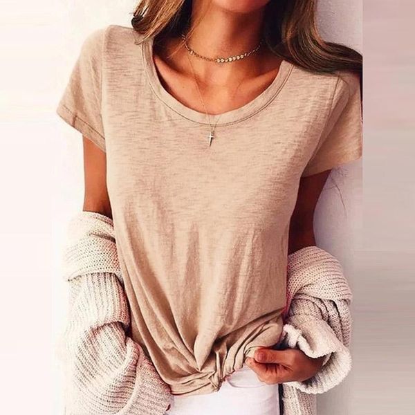 

women basic all-match solid loose t-shirts spring summer casual o neck pullover new short sleeve tee shirts streetwear, White