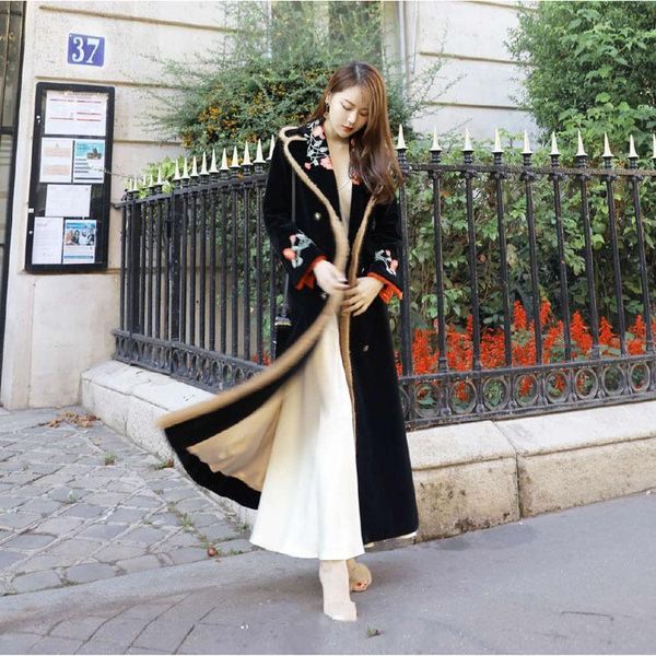 

women's trench coats 2021 autumn and winter real mink wool velvet printing embroidery european american coat long, Tan;black