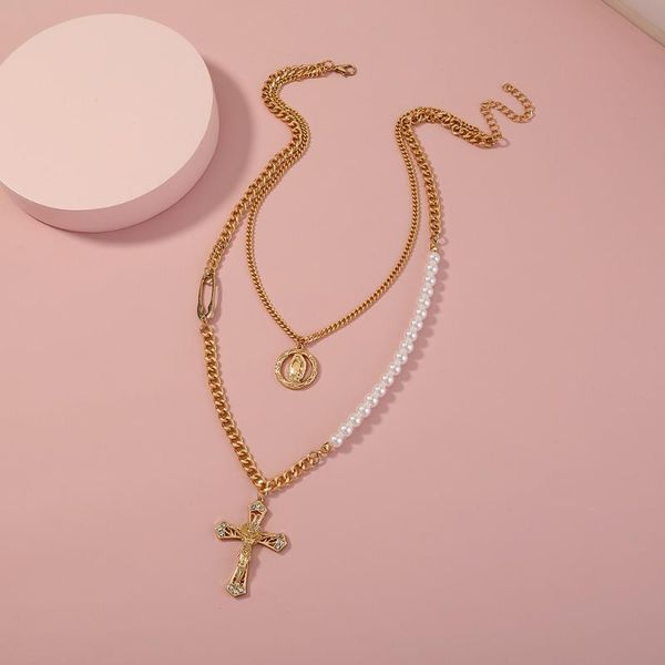 

simple vintage crucifix pendant with pearl strand necklace fashion joker multilayer wear women jewelry gift necklaces, Silver