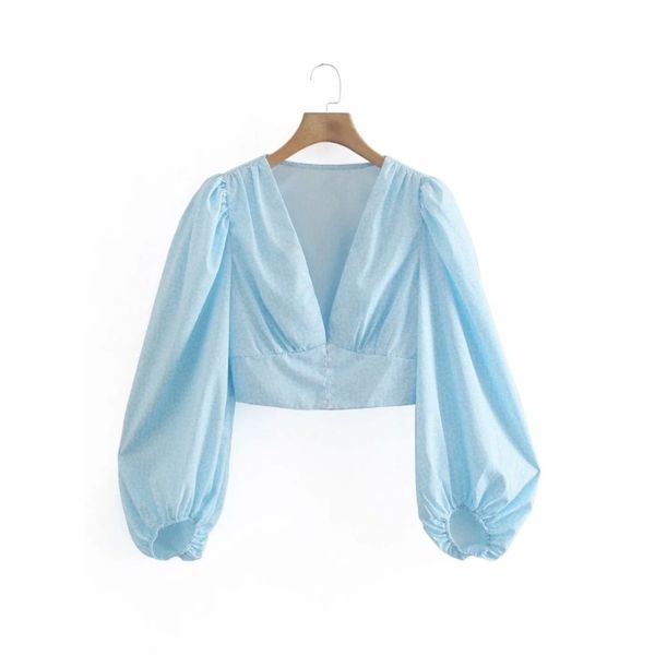 

summer women deep v neck printing short blouse female lantern sleeve shirt casual lady loose blusas s8866 210430, White