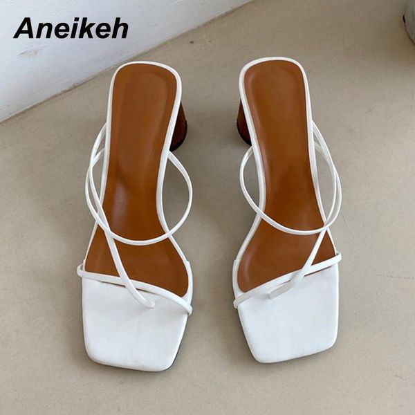 

slippers aneikeh pu shoes for women's 2021 summer thong thick heel fashion riband slip on slides ladies mature simple and generous, Black