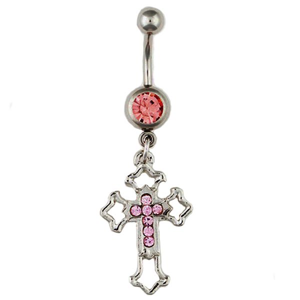 

d0538 cross pink color belly navel button ring, Silver