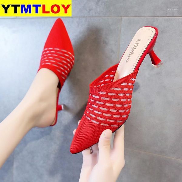 

knit women shoes pointed woven high heels fashion stilettos mules loafer casual feminine sandalias sandals1, Black