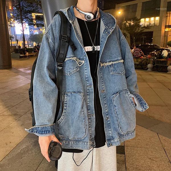 

men's jackets spring and autumn 2021 fashion denim jacket bat sleeve hooded korean style loose coat men, Black;brown