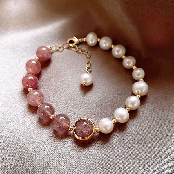 

strawberry crystal bracelet female ins niche design simple jewelry temperament peach blossom baroque pearl beaded, strands, Black