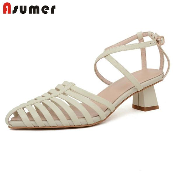 

asumer 2021 vintage genuine leather shoes women sandals high heels casual hollow out buckle rome style ladies, Black