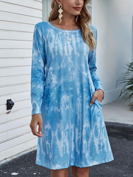 

casual dresses tie-dye loose women dress autumn winter fashion gradient long sleeve o neck pocket midi streetwear female vestidos robes, Black;gray