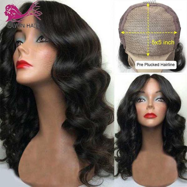 

5x5 silk base wigs remy brazilian lace closure human hair wavy with baby glueless 180% density for black women1, Black;brown