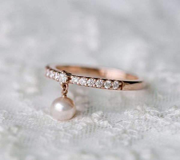 

wedding rings cute female white pearl pendant ring rose gold color engagement luxury round zircon thin for women, Slivery;golden