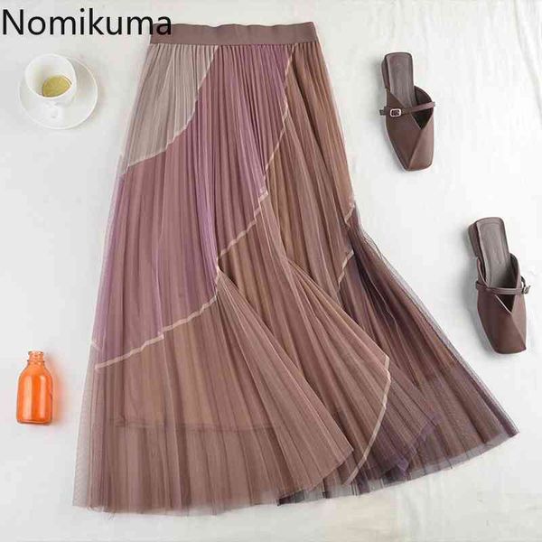

nomikuma skirts women stretch high waist pleated double-layer mesh contrast color mid calf skirt faldas mujer 3e174 210514, Black