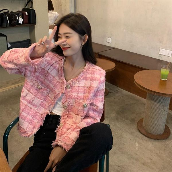 

women's jackets women french fashion retro pink plaid jacket long sleeve single breast loose casual coat cardigan elegant chic girl, Black;brown