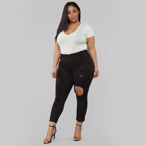 

women's jeans 2021 spring and autumn women trousers fashion hole frayed large size slim tight pencil pants fat beauty ladies bottoms co, Blue