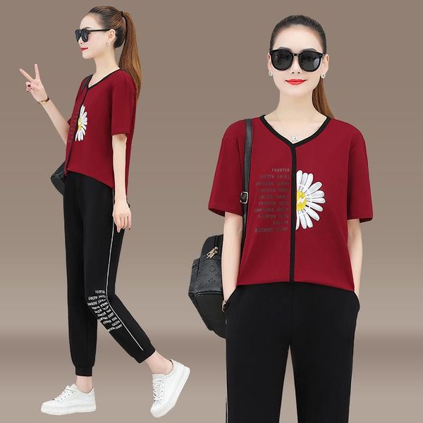 

sunflower print sports suit female summer v-neck short-sleeved t-shirt and trousers 2 piece leisure for women outfit women's two pants, White
