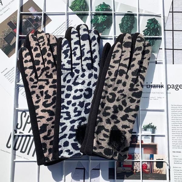 

five fingers gloves winter women heated warm touch screen thin fleece leopard patten with faux fur ball full finger lined mittens, Blue;gray