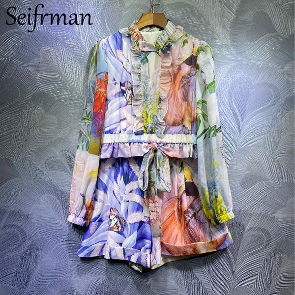 

seifrmann autumn women fashion runwayÂ shorts set bow ruffles lantern sleeve + high waist printed shorts 2 twoÂ piecesÂ suits women's two, White