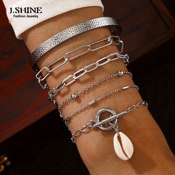 

charm bracelets jshine 6pcs/sets shell pendant silver color metal for women stacked geometric open bangle jewelry accessories, Golden;silver