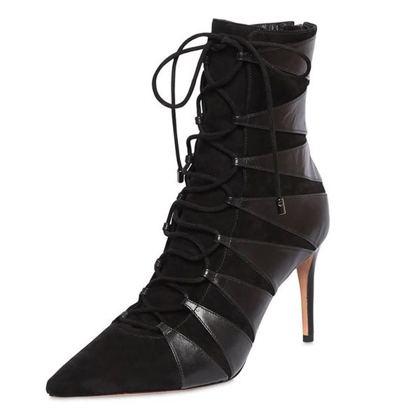 

boots women with pointed stitching and lace up, Black