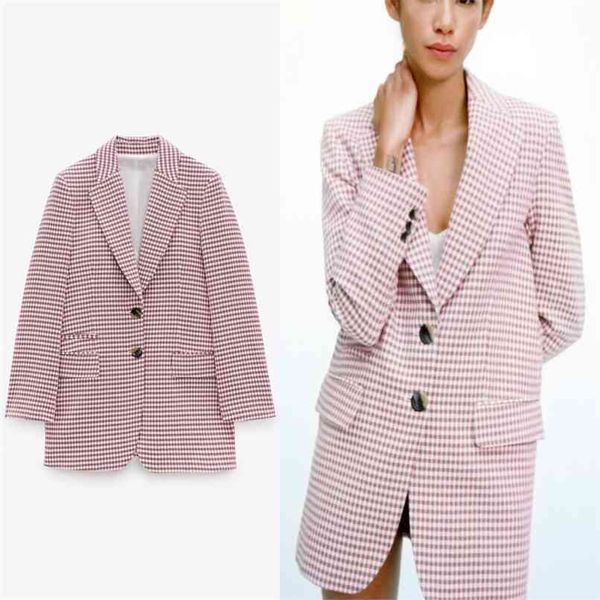 

pink houndstooth blazer suit women long sleeve pronounced shoulders vintage plaid blazers woman button up outerwear 210524, White;black