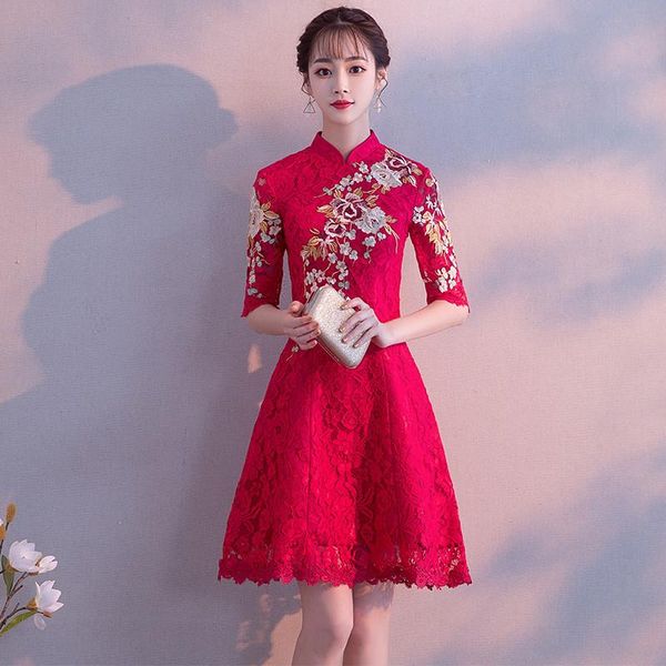 

chinese style traditional wedding cheongsam lace floral embroidery qipao retro a-line toast dress plus size 3xl women ethnic clothing, Red