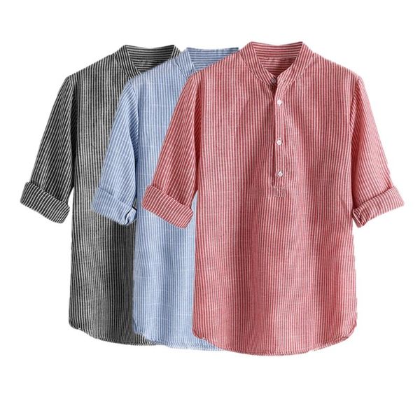 

men's casual shirts 2021 for men spring/autumn long sleeve striped shirt cotton linen 4 button pullovers clothing, White;black