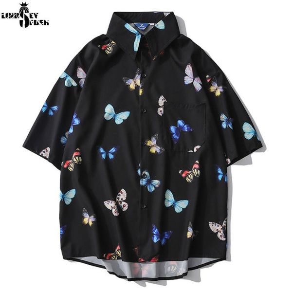 

lindsey seader summer shirts butterfly printed men shirt short sleeve loose fit cool clothes hip hop streetwear man men's casual, White;black