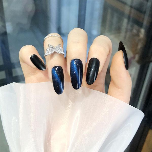 

false nails nail stickers glue round black and blue cat's eye fake finished 24 portable easy, Red;gold