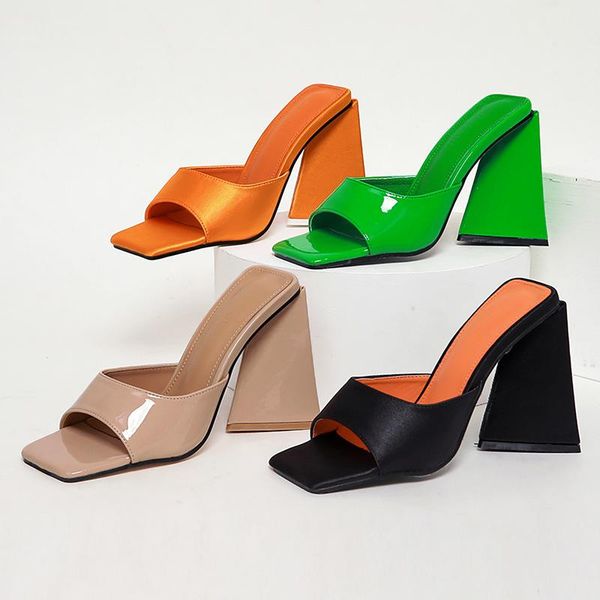 

slippers fashion orange green high heels for women square-head thick high-heeled party sandals slides shoes, Black