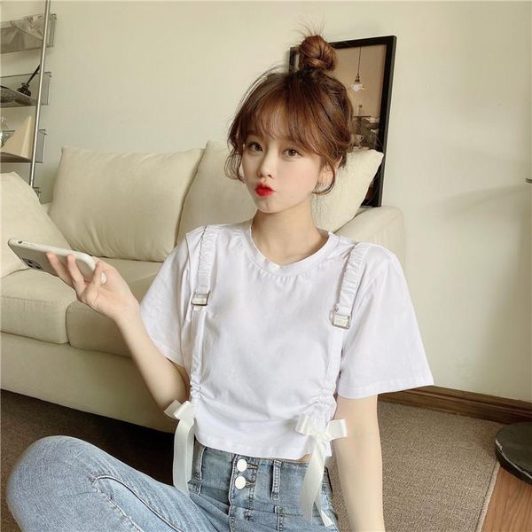 

korean casual style solid t shirts loose short sleeve tees women clothing summer fashion brand drawstring ladies o-neck women's t-shir, White
