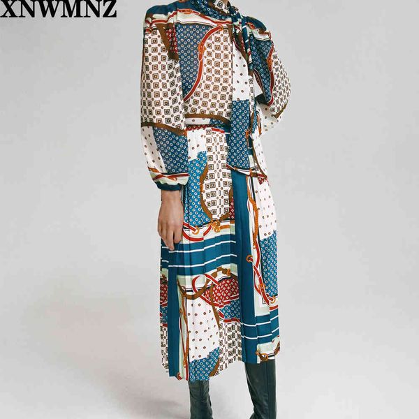 

xnwmnz za women vintage printed blouse with bow female casual flowing high neck long sleeves elastic cuffs 210513, White