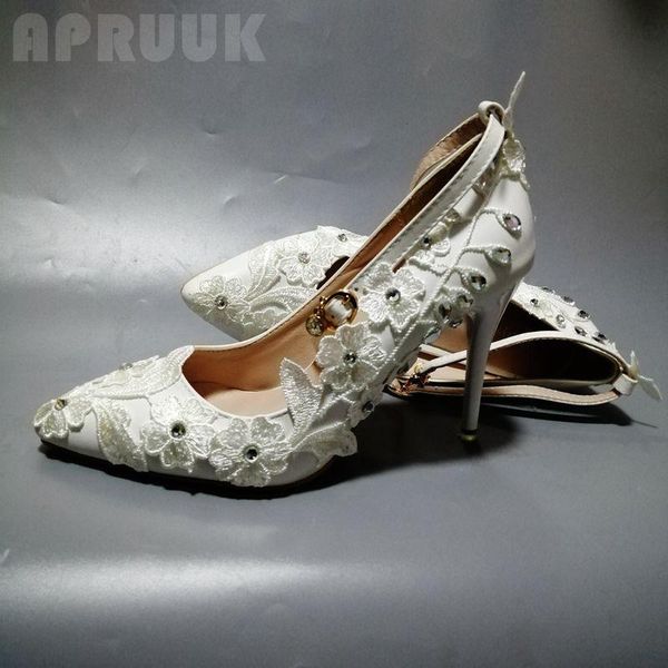 

dress shoes luxury ivory lace crystal wedding bride high 10cm thin heels point toes handmade ladies heeled party pumps for bridal, Black