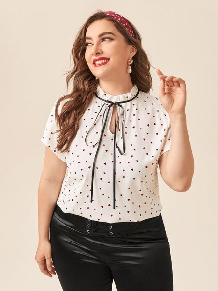 

plus heart print tie neck blouse m798#, Black