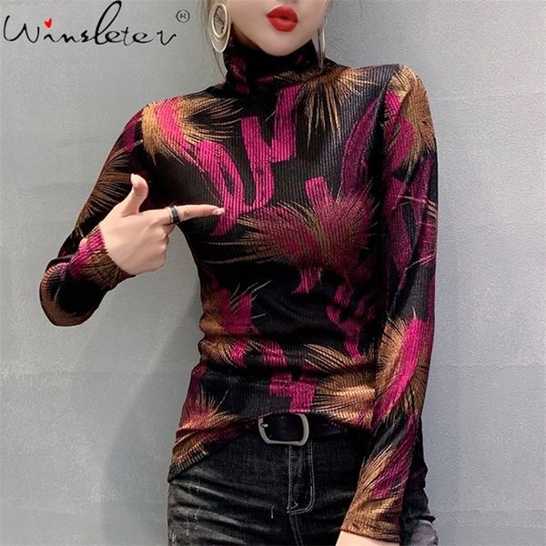 

fall winter korean clothes t-shirt fashion shiny bright gold turtleneck print cotton women ropa mujer tees new 210317, White