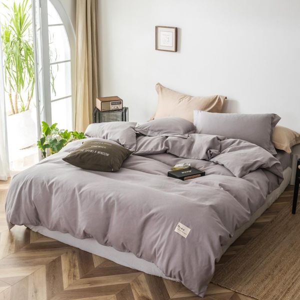 

japanese-style nordic simple double spell + solid color four-piece suit, sanded 1.2m bed sheet, three-piece suit green bedding sets