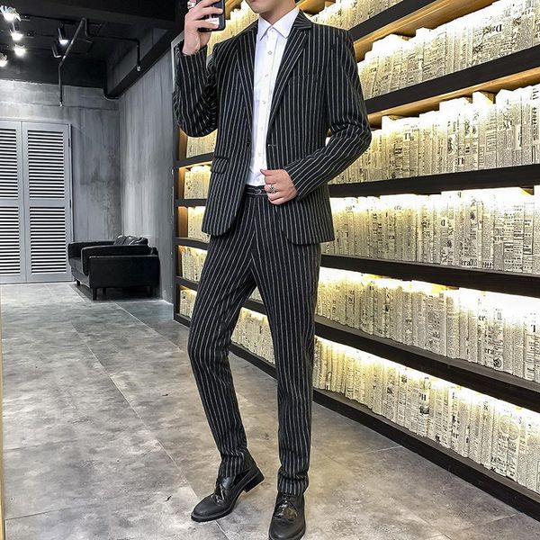 

men's suits & blazers fashion stripe suit men 2021 spring autumn flat collar button casual blazer jacket + pant slim 2piece set terno m, White;black