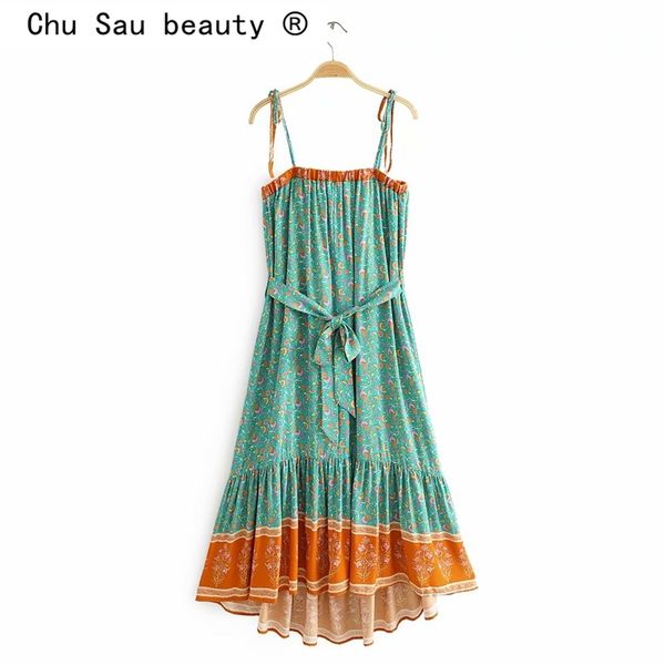 Chu sau beleza moda boho vintage impressão floral sling midi vestido mulheres feriado chique favas verão praia vestidos longos feminino 210508