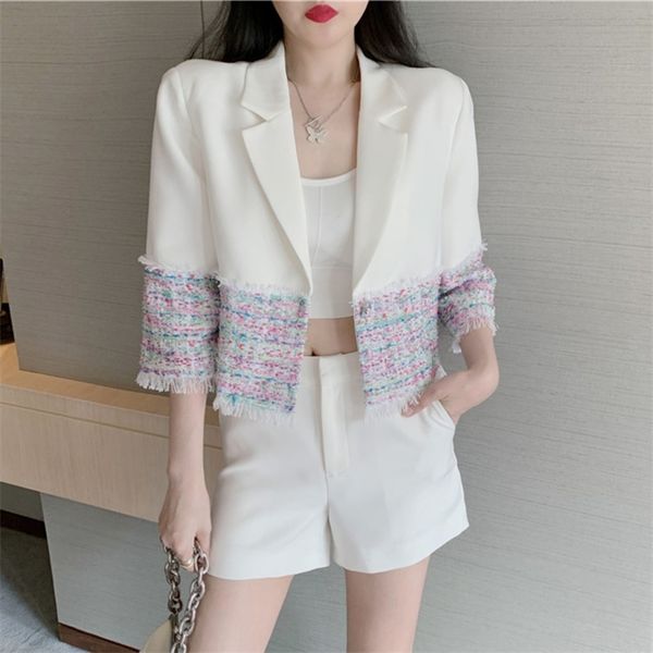 

korean style pants suits autumn 2 piece set women crop woolen tweed patchwork jacket coat & shorts two outfits 210514, White