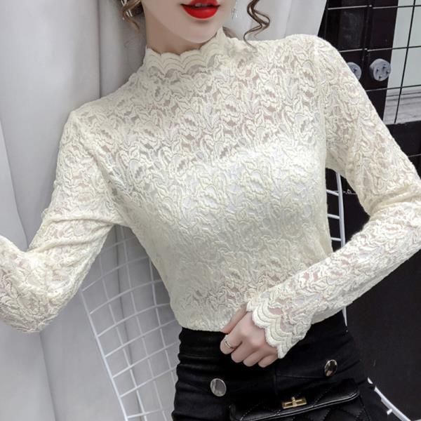 

women's blouses & shirts blouse women 2021 spring high collar lace long sleeve mesh tight blusas mujer de moda, White