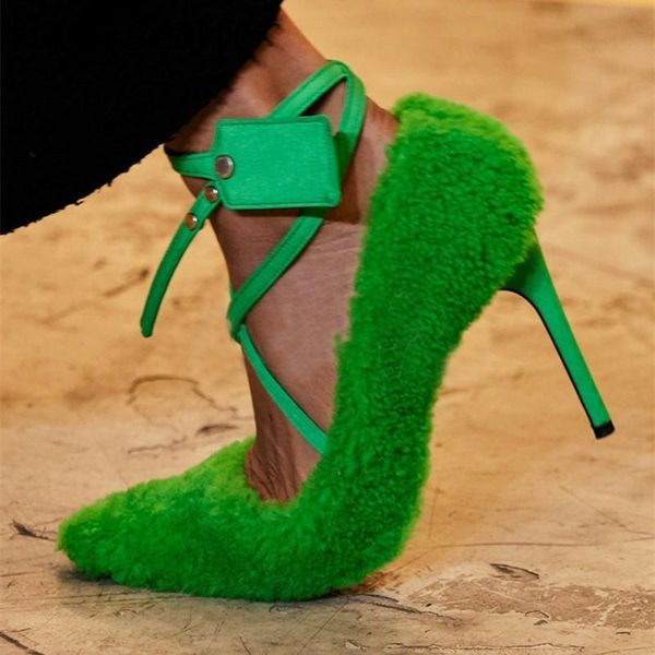 

dress shoes cross tied high heel pumps artificial wool heels brand designed stiletto party steet fluffy, Black