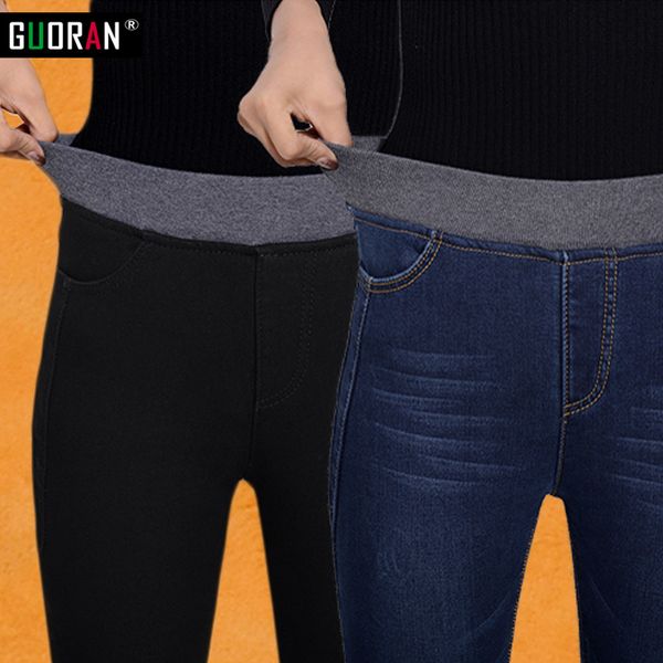 Calças de jeans de inverno Mulheres Denim Calças Alta Cintura Elástica Quente Engrossar Fleeces Lápis Calças Leggings Plus Tamanho 26-34 210519