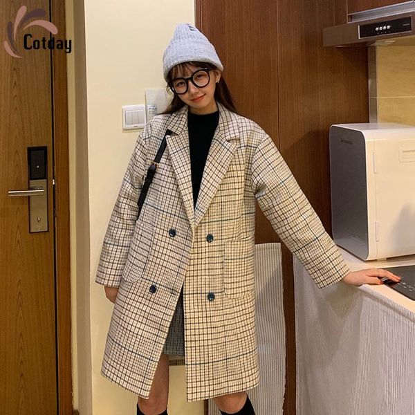 

women's wool & blends cotday thickened plaid houndstooth duffle winter long coat korean female woolen blend overcoat, Black