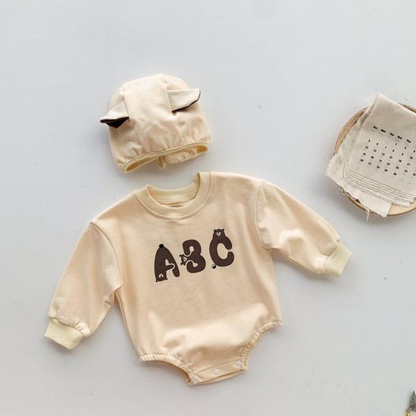 Tute 2 pezzi Abbigliamento per bambini Lettera Manica lunga Pagliaccetto Tinta unita Cappello cucito Bambino Ragazze Ragazzi Primavera Autunno Body 0-24 mesi