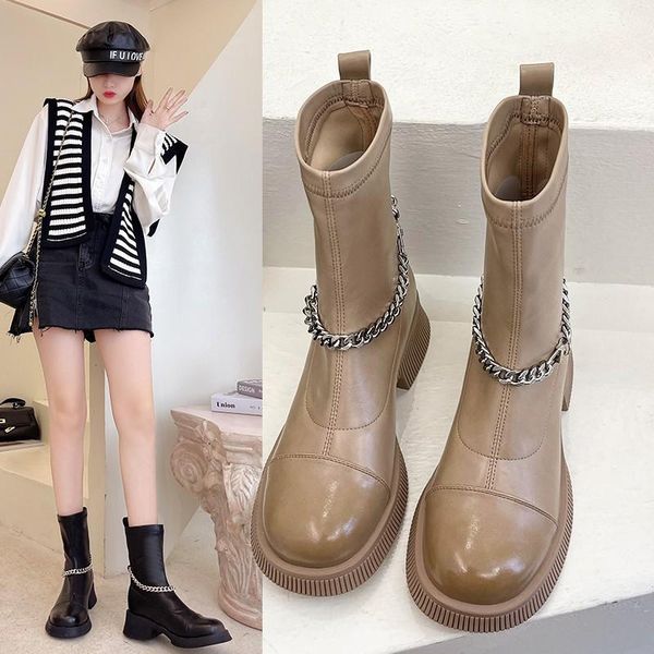 

boots 2021 leather womens ladies chunky ankle mid heel worker black goth shoes autumn chain botas mujer