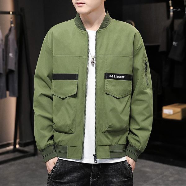 

fashion jacket men baseball collar ribbons stripe windbreaker coat male green black big pocket techwear outfit man, Black;brown