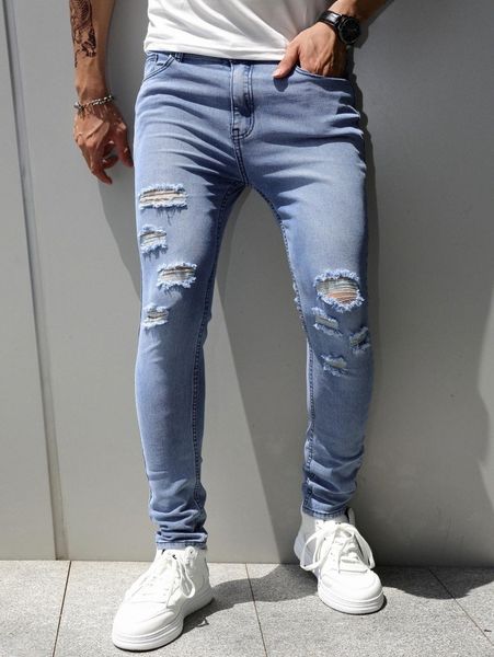 

men slant pocket ripped skinny jeans p9ae#, Blue