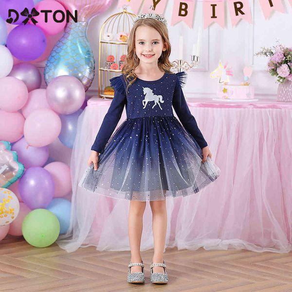 

dxton new girls dresses unicorn clothes winter long sleeve dress for children christmas party dress for girl kids costumes 210326, Red;yellow