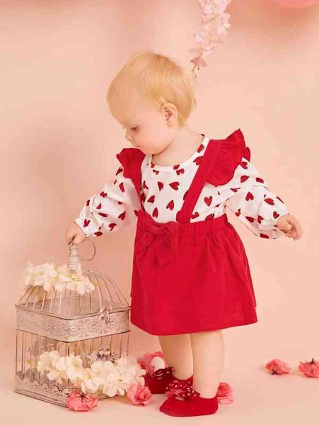 

baby heart print & ruffle trim bow front suspender skirt she, Blue